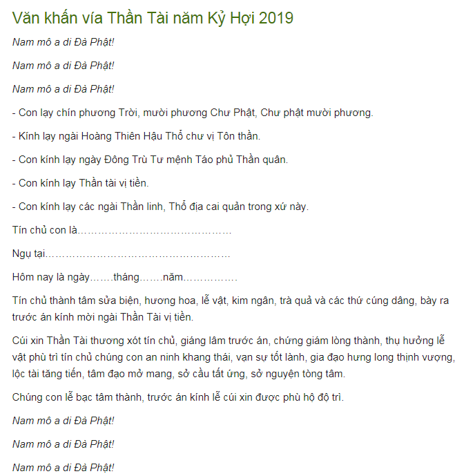 Văn khấn cúng vía Thần TÀI Xuân Kỷ Hợi 2019